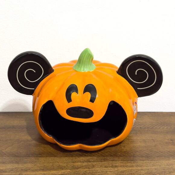 NWT: Disney: Mickey, Ceramic, Open Mouth, Figural, Pumpkin Candy Dish - Picture 1 of 5